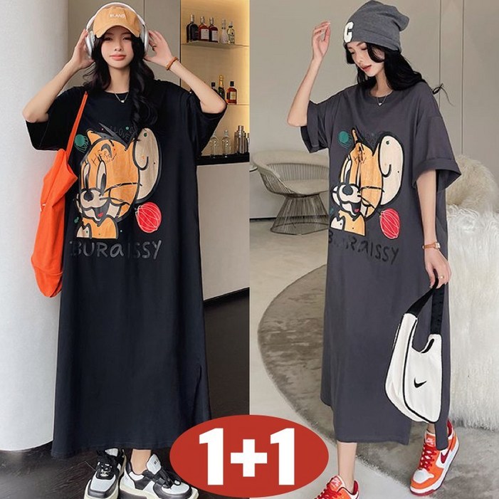 대박난 150kg까지 빅사이즈 11 여성 캐릭터 프린트 옆트임 롱 원피스 여름 편한 반팔 심플 베이직 박스 루즈핏 날씬해보이는 무지 외출용 모던 시원한 캐쥬얼 4xl 원피스