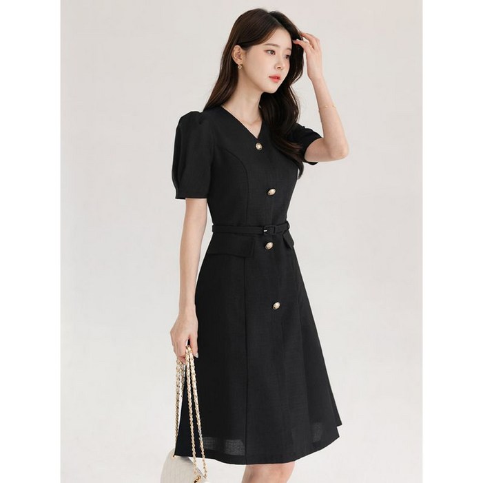 시크라인   XXL까지  브이넥 핀턱 퍼프 슬리브 플랩 포켓 벨트 원피스 여름 하객룩 오피스룩 데이트 모임 미시 빅사이즈