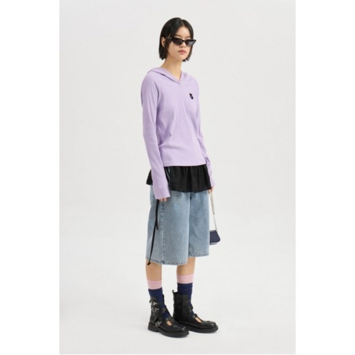 ReOrder Embroidered Point Rib Hooded Tshirt violet LFTAM25125VLT