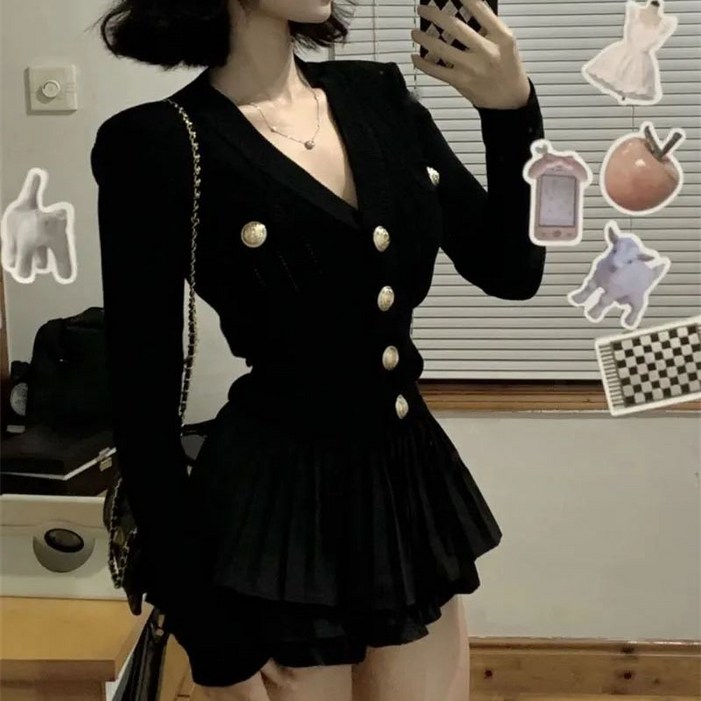 슬림소녀 여성 봄가을 니트 슬림 브이넥 세트 긴팔 스커트 아우터 상의 투피스 버튼 스타일