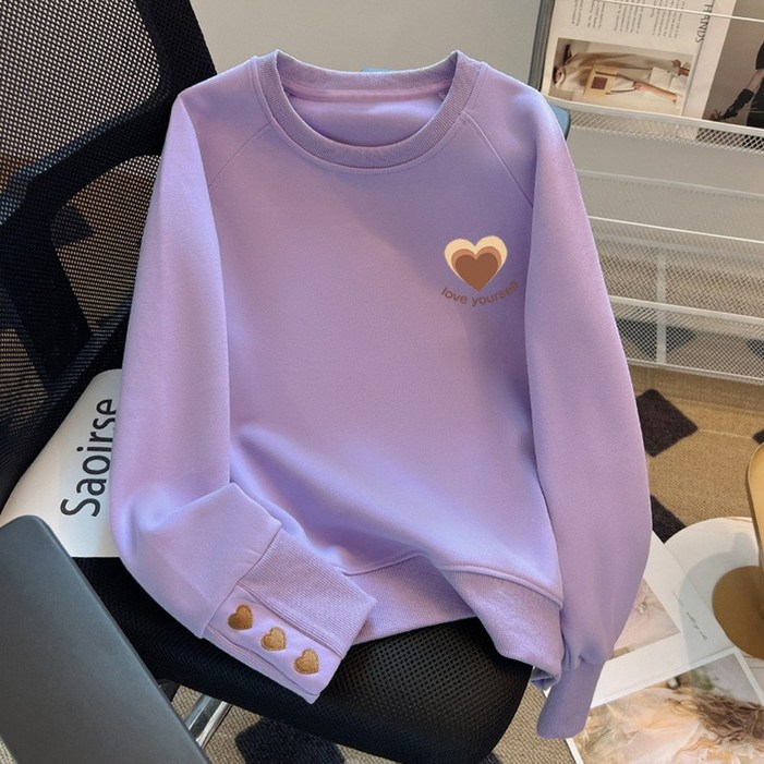 TIMEPURE 인기 가을 겨울 여성용 따뜻한 하트 자수 라운드넥 맨투맨 캐주얼 빅사이즈 양털 후드티