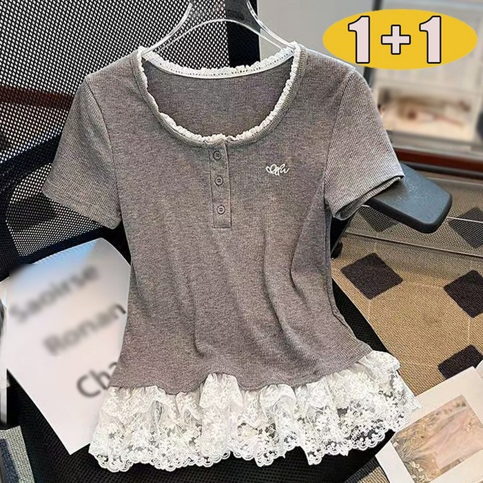 11 여성 레이스 프릴 순면 예쁜 반팔티 여름 버튼 자수 슬림 라운드 반팔 티셔츠