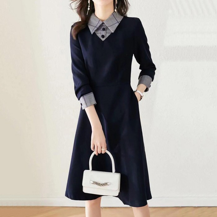 지디오 여성 하객 미디 원피스 A라인 결혼식 긴팔 카라넥 포켓 간절기 드레스