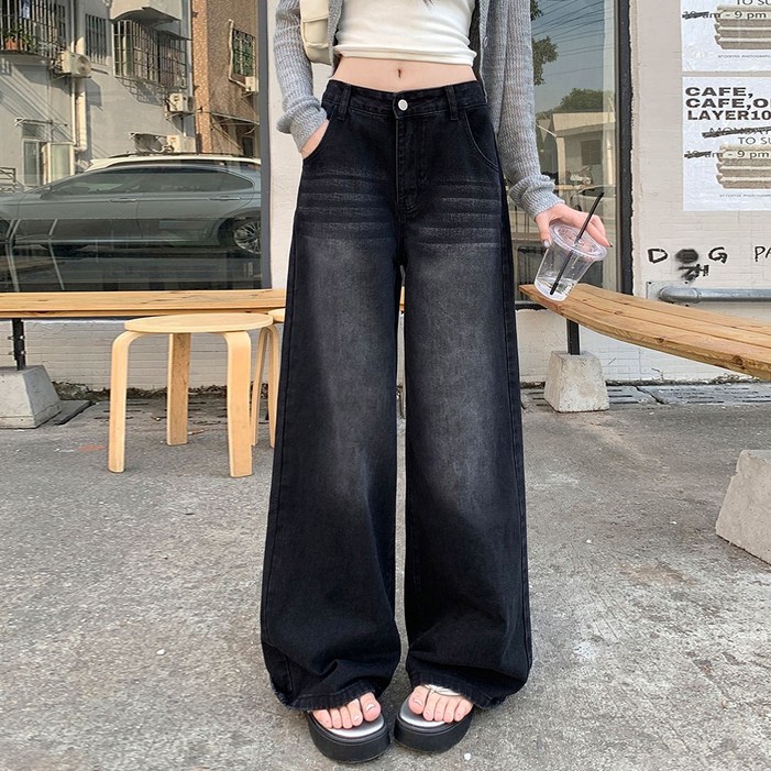 대박난박양 블랙 워싱 와이드 데님팬츠