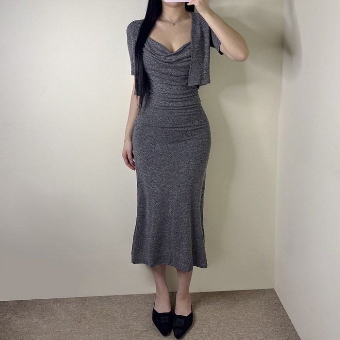 VANANA2 여성 글램핏 드레이프 롱 나시 원피스 반팔 가디건 투피스 세트