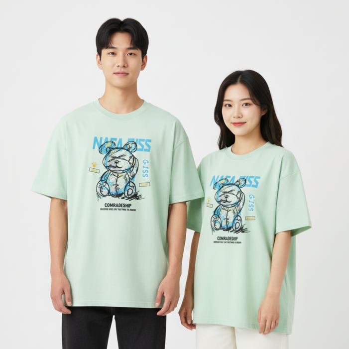 X곰돌이 남자 오버핏 프린팅 반팔 티셔츠 빅사이즈