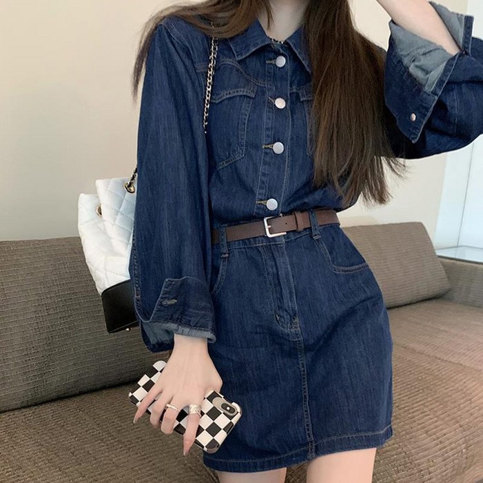 메이리앤 벨트포함 고품질 간절기 데님 미니 롱 청원피스