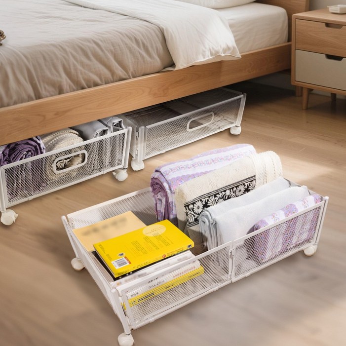 Jeernare 슬라이딩 언더베드 리빙박스 바퀴달린 침대밑수납함 낮은형 접이식 3초설치, 화이트, 1개