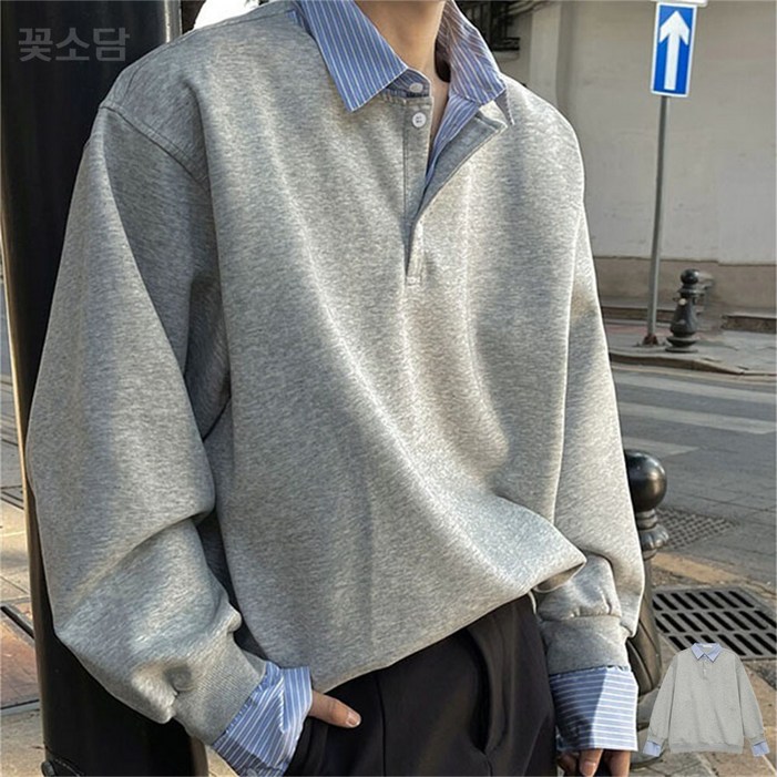 꽃소담 남자 오버핏 캐주얼 맨투맨 긴팔 카라넥 티셔츠