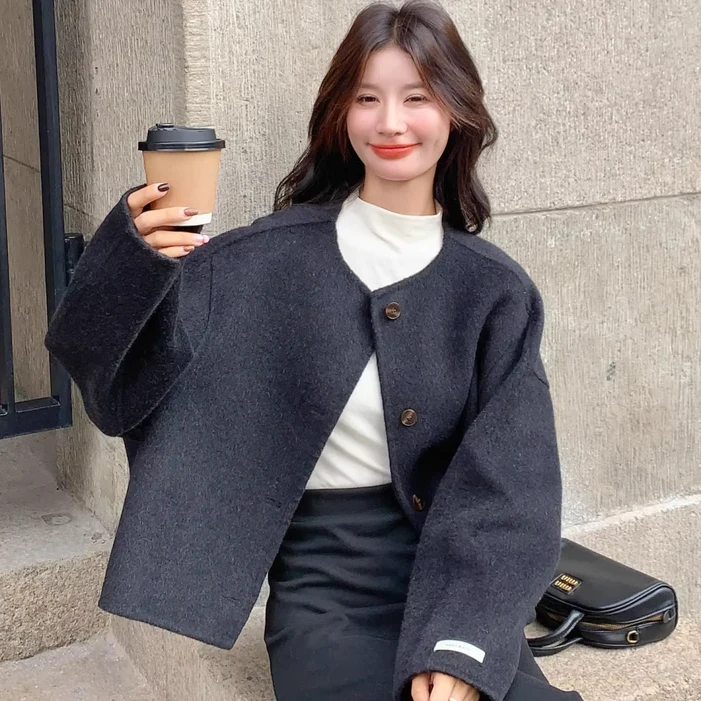 고급 캐시미어 혼방 코트 여성용 봄가을 숏 울 코트