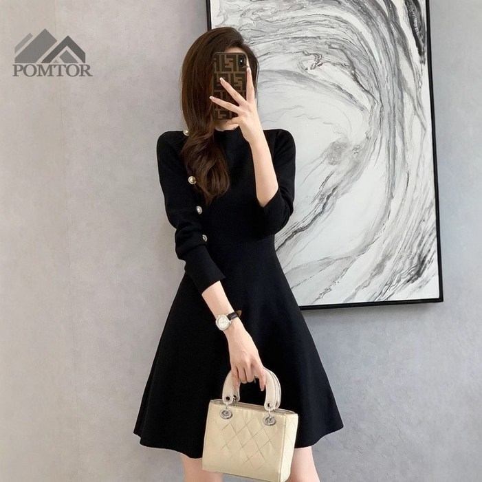 POMTOR 여성 베이직 니트 A라인 슬림 미니 긴팔 원피스