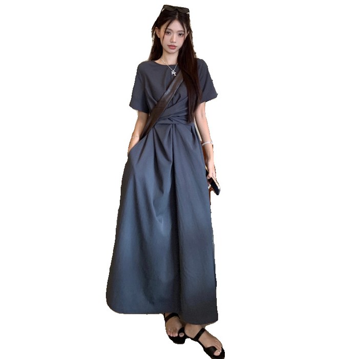 POMTOR여성 여름 플빅사이즈 롱 다크 그레이 린넨 원피스