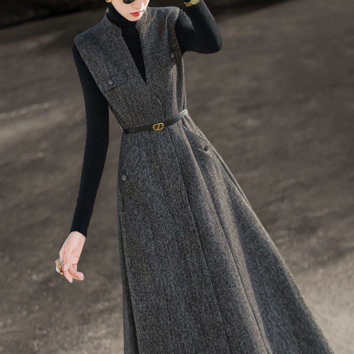 겨울 여성 모직 민소매 롱원피스 여성용 고급스러운 통근 스타일 슬리브리스 허리 조절 포켓 드레스 LCL