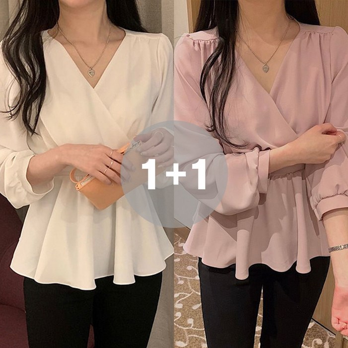 지디오 1+1 여성 프릴 쉬폰 블라우스 빅사이즈 간절기 셔츠 브이넥 루즈핏 7부 퍼프 소매 봄 가을 2개 세트
