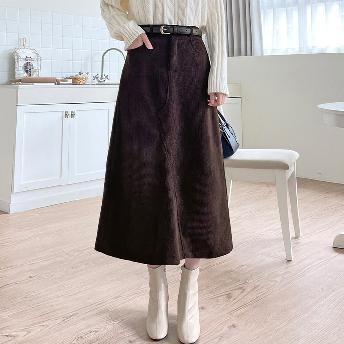 잘빠진 여성용 네아 코듀로이 융털기모 언발절개 A라인 밴딩 롱 스커트