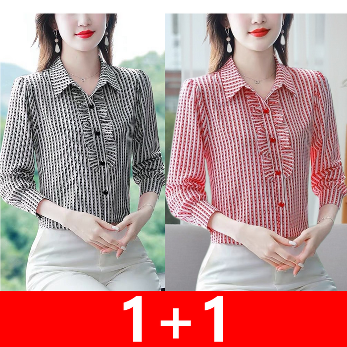 지고다그 11중년 여성용 긴팔 쉬폰 블라우스 스트라이프 패턴 슬림핏 상의 가을 SX70148