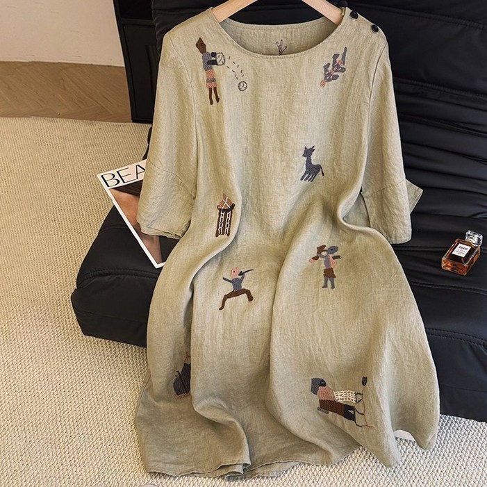 IWMAFT 여성 여름 린넨혼방 자수 루즈핏 반팔 미디 원피스 데일리 편한 A라인 원피스 KT148