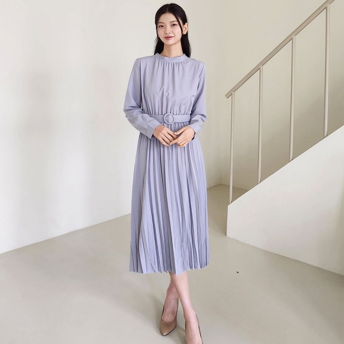 차이나넥 A라인 플리츠 원피스 벨티드 리본 실키 하객룩 격식룩 킨델