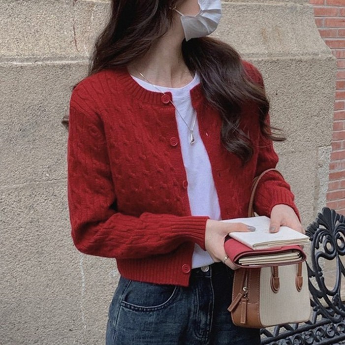 cammello 코지 라운드넥 꽈배기 세미크롭 긴팔 니트 가디건 간절기 아우터