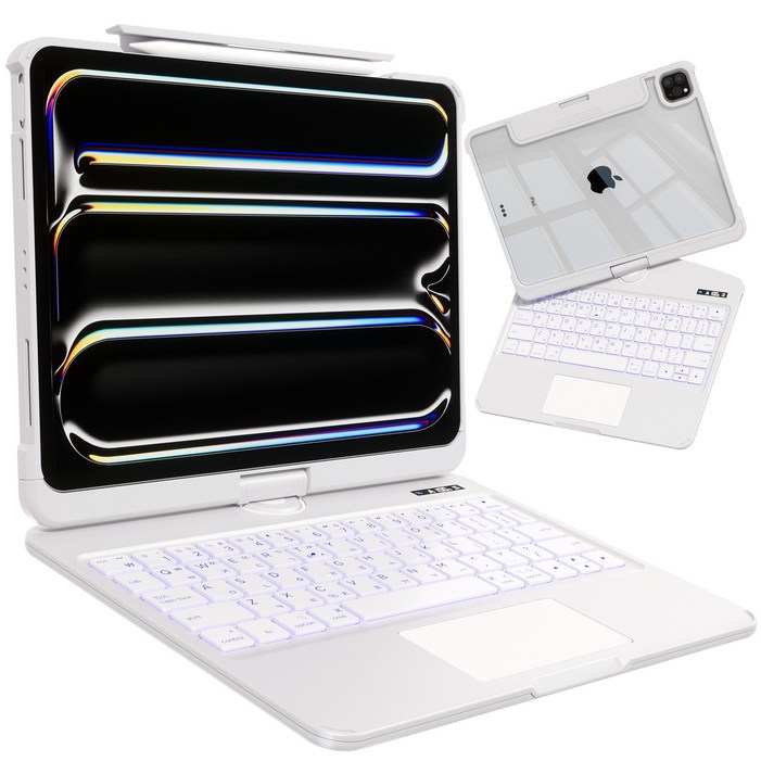 AITEWO 아이패드 매직키보드 케이스 펜슬 수납 360도회전 일체형 각도조절 트랙패드 백라이트 트랙패드 에어7654321세대 프로1110.91312.9인치, 화이트, 에어76세대 13 프로6543세대 12.9, 1개