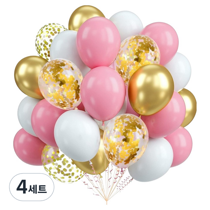 코히모 컨페티 크롬메탈 혼합풍선 30cm 4종 60p  리본끈 세트 5W0354, 4세트, 레트로핑크, 골드, 골드컨페티, 화이트