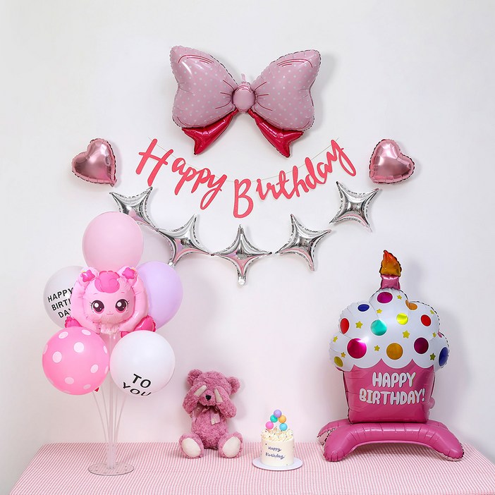 피앤비유니티 핑크 캐릭터 생일 케익 풍선 가랜드 세트