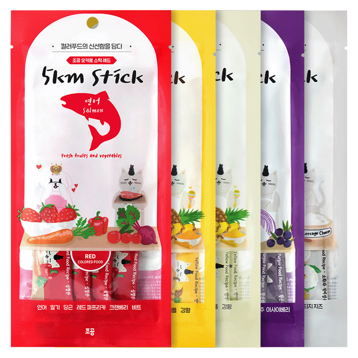 조공 전연령 고양이 강아지 오키로스틱 짜먹는 간식 5팩, 혼합맛레드옐로우닭옐로우대구퍼플화이트, 1세트