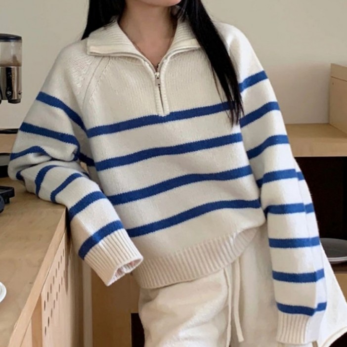 아이엠몽 여성용 파코 스트라이프 반집업 니트 티셔츠