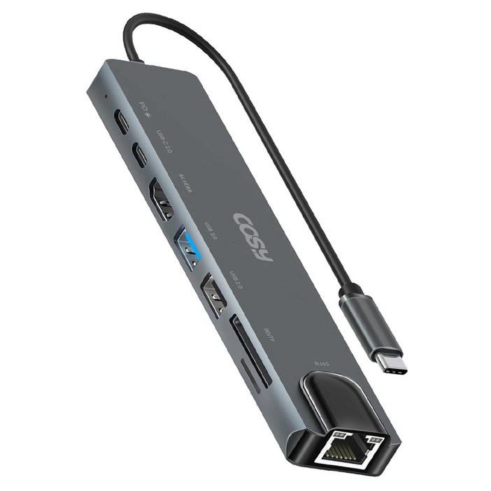 코시 8포트 C타입 이더넷 멀티 USB허브 PD  USB3.0  USB A  C타입 USB2.0  LAN  4K HDMI  SD  TF, 그레이, 1개