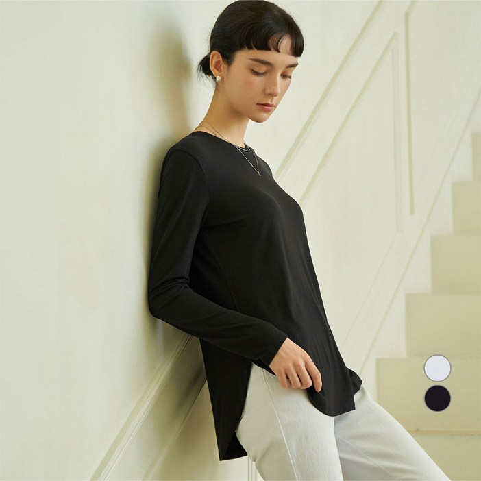 ELLE PARIS 여성용 레이온 찰랑 힙커버 긴팔 티셔츠