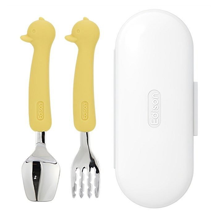 에디슨 유아 실리콘 스푼 포크 케이스 세트, 오리옐로우, 스푼 + 포크 + 케이스, 1세트
