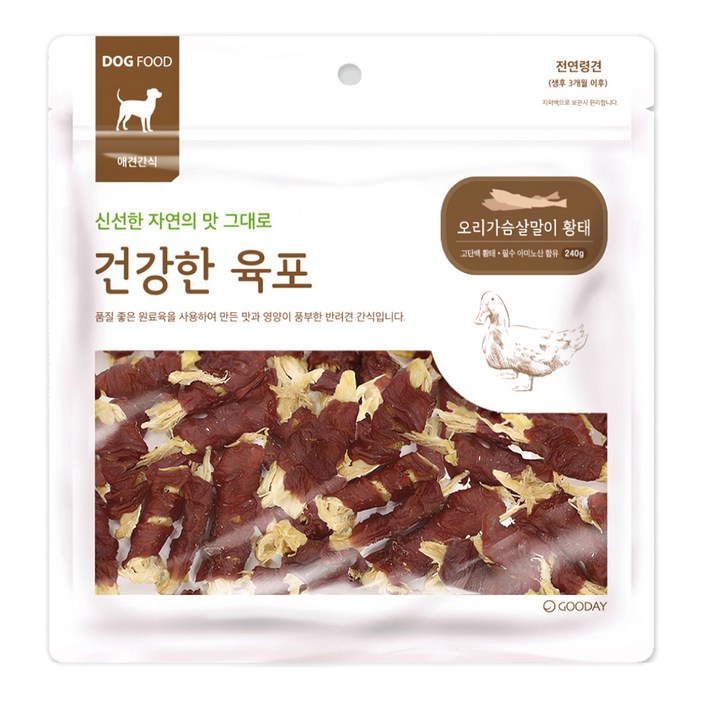 굿데이 건강한육포 강아지간식, 혼합맛오리황태, 240g, 1개 굿데이 건강한육포 강아지간식, 혼합맛오리황태, 240g, 1개