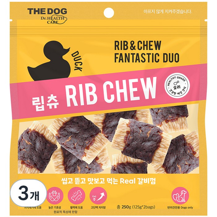 더독 강아지 갈비껌 간식 립츄, 오리, 250g, 3개