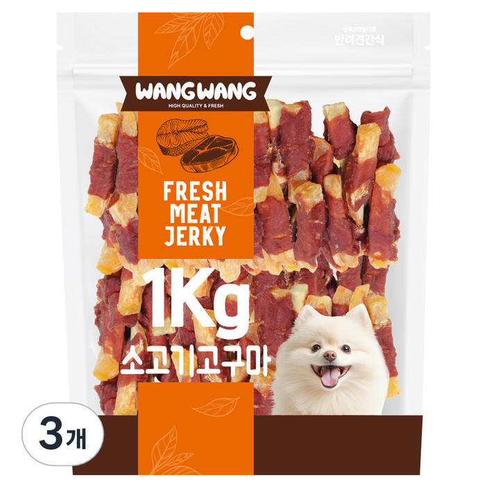 왕왕 강아지 프리미엄 대용량 소고기고구마 간식, 1kg, 3개, 소고기맛