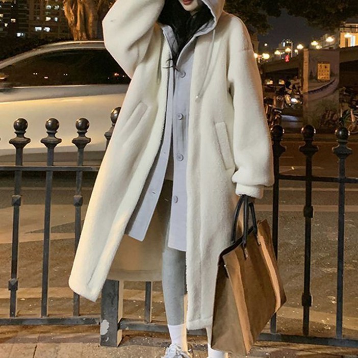 구디프 여성용 양털 느낌 오버핏 후드 보온 롱코트