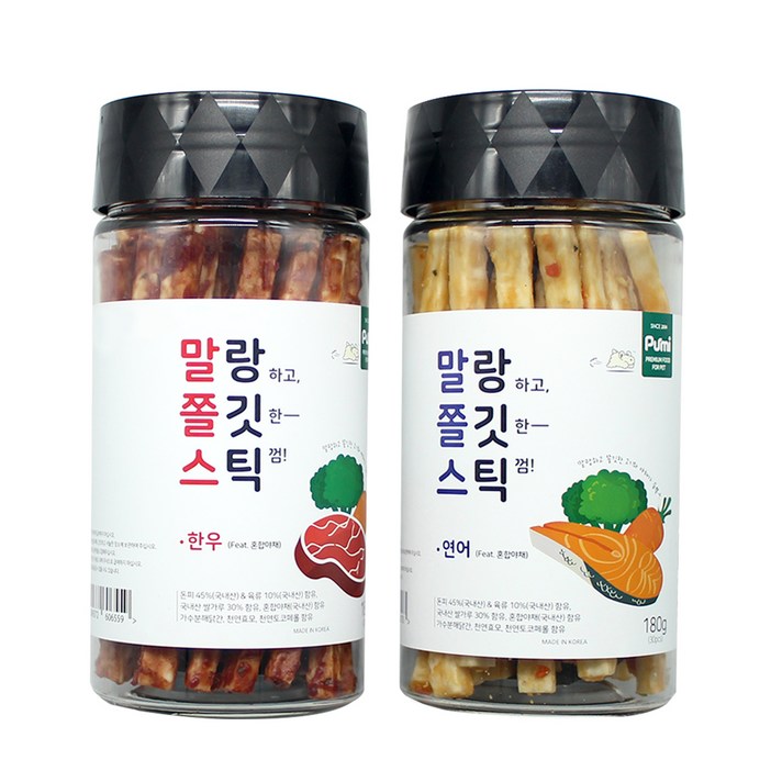 푸르미 강아지 말랑하고 쫄깃한 스틱 껌, 혼합맛한우혼합야채, 혼합맛연어혼합야채, 180g, 2개