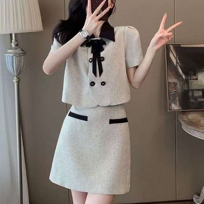 더시럽 여성용 러블리 퍼프 숏 자켓 치마 투피스