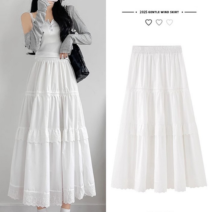 여성용 화이트 레이스 롱 면 스커트