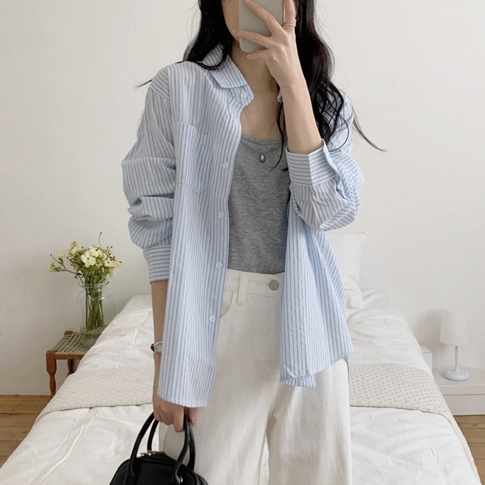 뉴데이데일리 여성 스트라이프 셔츠 긴팔 반팔 하객룩 출근룩 카라셔츠 빅사이즈 루즈핏