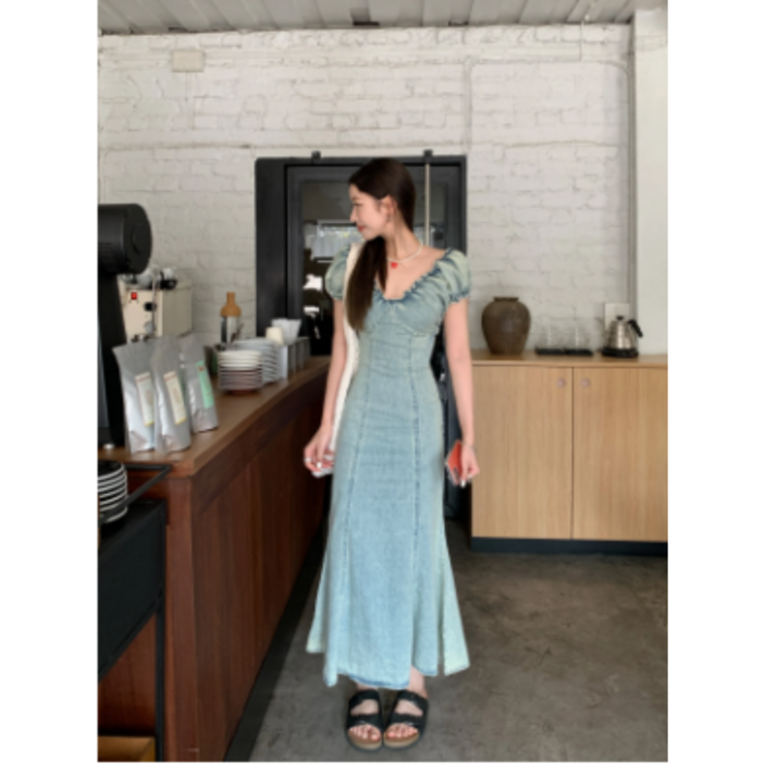 여성 데님 롱 원피스 레트로 플리츠 브이넥 퍼프 소매