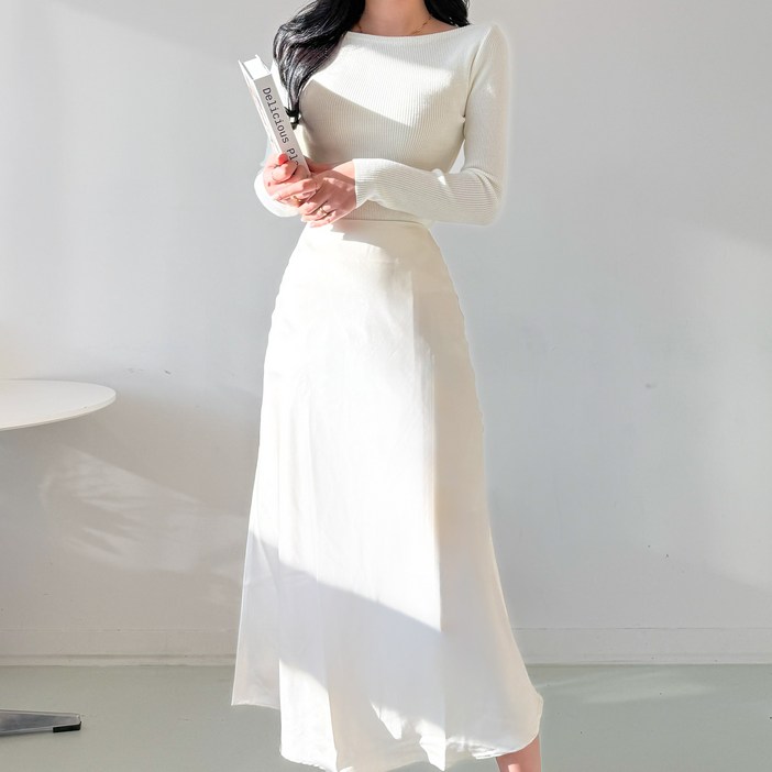 투디 베이직 포멀 세미 머메이드 실크 새틴 롱스커트, 2컬러, S,M