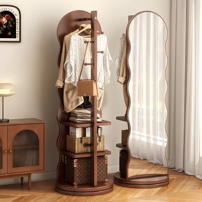 GOOD MOMENT 튼튼한 회전 전신거울 원목 수납 옷걸이 행거, 원목색