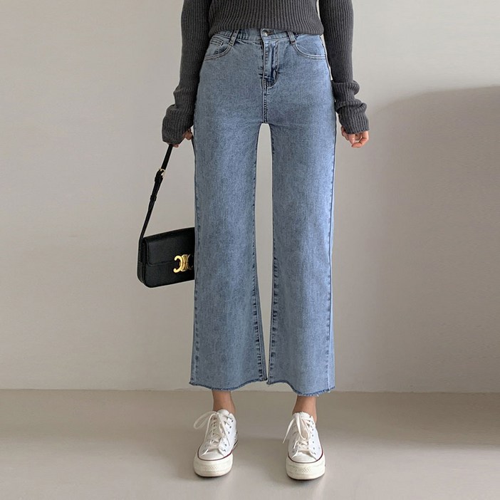 루나진 여성용 라이트워싱 일자 청바지 9부 밴딩 스판 데님