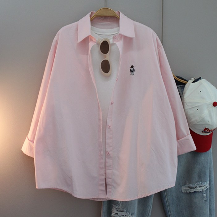 달콩 여성 빅사이즈 힙베어자수오버핏카라셔츠 긴팔 데일리룩