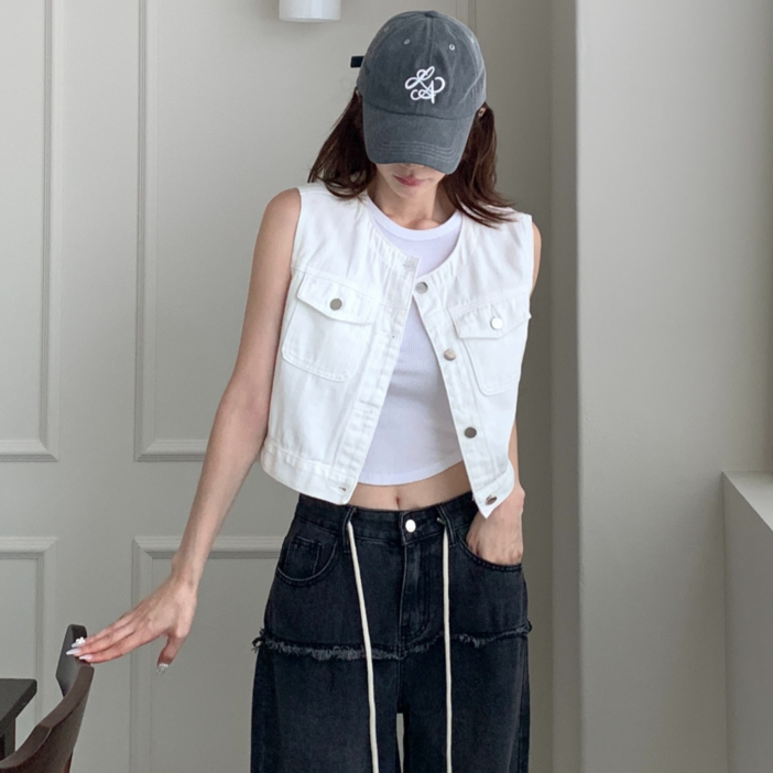 유니크코코 크롭 데님 청 조끼 베스트 여름
