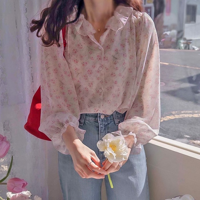 리린 재오픈LABEL 폴린드 러브샤링카라 핑크꽃나염 하늘하늘 블라우스 2896416