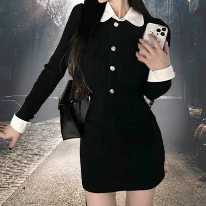 미니 원피스 블랙 금장 버튼 카라 트위드핏 여성 하객룩 데이트룩 페이크 레이어드
