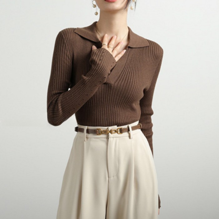 엘바리스 여성 딥브이넥 카라 니트 티셔츠