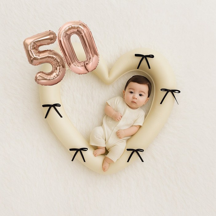 해피제이니 50일 100일 대형 하트풍선 완성리본 세트, 1세트, 크림하트 숫자50