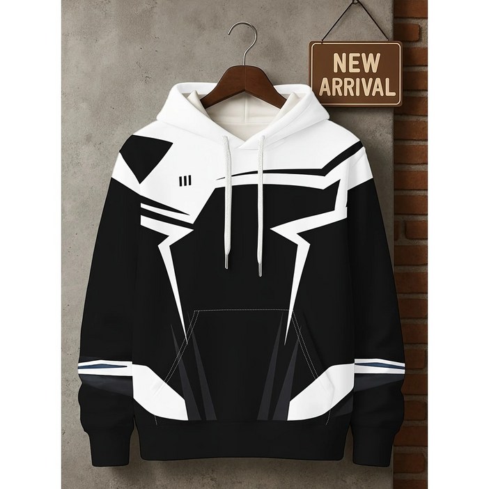 후드티 3D 그래픽 배색 오버핏 남녀공용 스트릿 테크웨어 가을겨울 유니크 디자인 블랙 화이트 기하학 패턴 빅사이즈 루즈핏